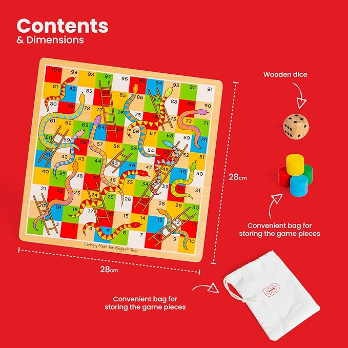 Bigjigs Toys Traditional Snakes and Ladders Game | 4 Player Wooden Board with Counters & Dice | Family Toy for Kids & Adults | Educational Tool for 3+ Year Old Children | Classic