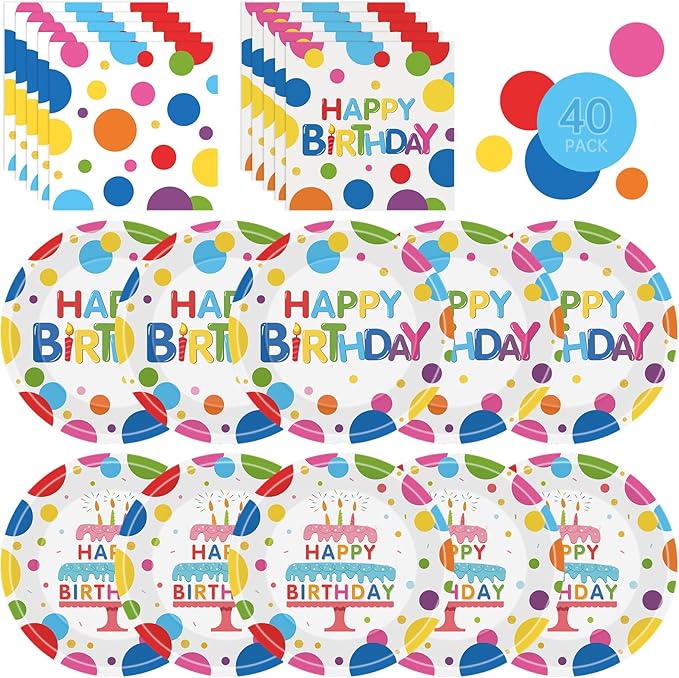 40 Pcs Happy Birthday Paper Plates and Napkins Sets - Polka Dots Bday Party Supplies Tableware, Disposable Colorful Dinner Plates Napkins Kit for Birthday Party Decorations Table Decor, Serves 20