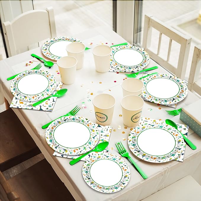 Wiooffen 96 Pcs Dinosaur Party Plates Napkins Watercolor Dinosaur Paper Tableware Supplies Set Cartoon Dino Disposable Dinnerware Decoration for Birthday Party Baby Shower, 24 Guests