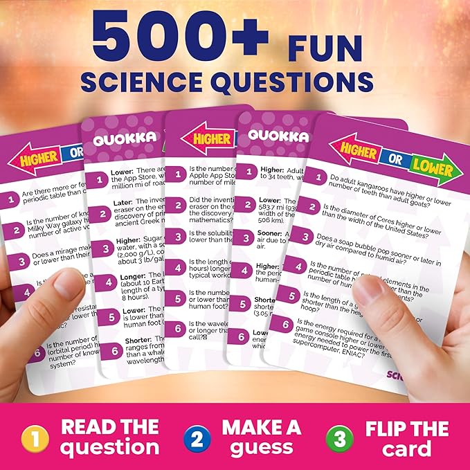 QUOKKA Science Board Games for Kids and Adults – Family Board Games for Family Game Night – Higher or Lower Trivia Cards for Kids 8-12 – Guess Fun Questions – Educational Card Game for Families&Teens