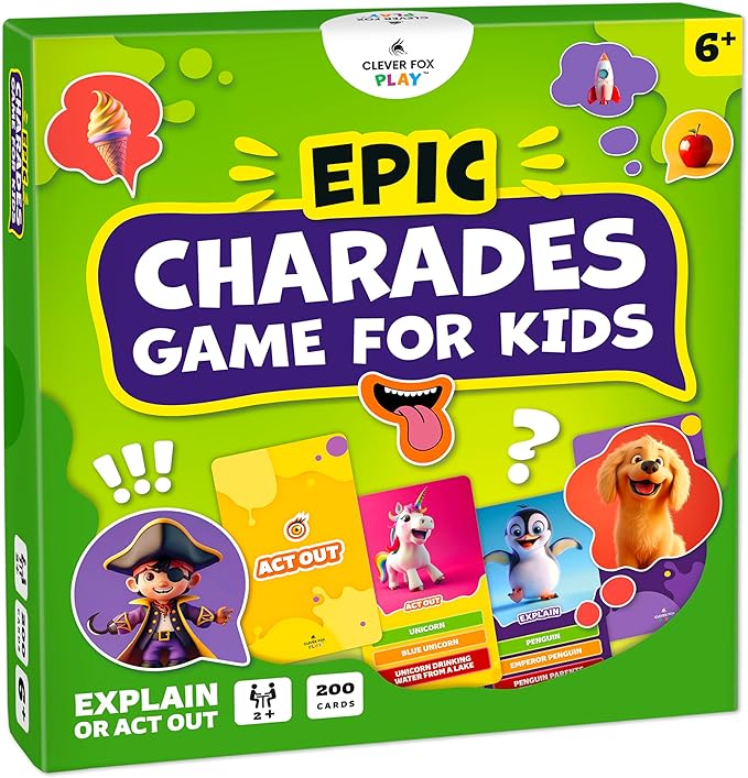 Clever Fox Play Epic Charades Game for Kids Ages 6+ – 200 Act Out & Explain Cards with Illustrations & Timer – Fun Educational Games for Kids 8-12 for Family, Party, Classroom & Travel
