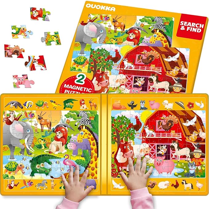 QUOKKA Magnetic Puzzles for Toddlers 3-5 – Search & Find 2 Pack, 60 Pieces Each – Travel Friendly Board with Hidden Objects, Farm and Africa Scenes – Educational Puzzle Gift for 3 Year Olds