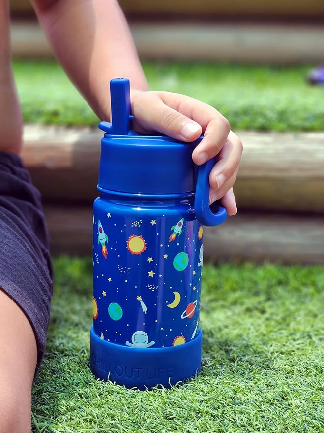 CHILLOUT LIFE 12 oz Kids Insulated Water Bottle for School with Straw Lid Leakproof and Cute Waterproof Stickers, Personalized Stainless Steel Thermos Flask Metal Water Bottle, Blue Space