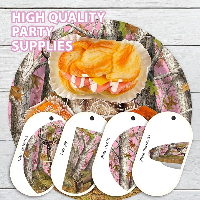 96Pcs Pink Hunting Deer Camo Decorations Woodland Deer Plates and Napkins Tableware Sets Hunting Themed Decorations for Hunter Outdoor Camping Picnic Camouflage Party Supplies Serves 24