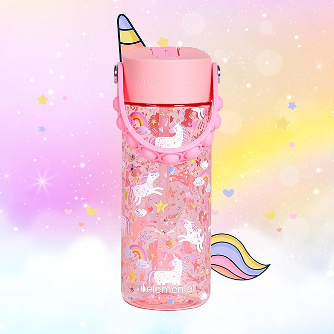 Elemental Water Bottles for Kids - Splash Kids Water Bottle for School with Pop-it Handle - BPA Free Tritan Plastic Water Bottle with Straw Leak Proof when Spout is Closed - Pink Unicorn - 18oz