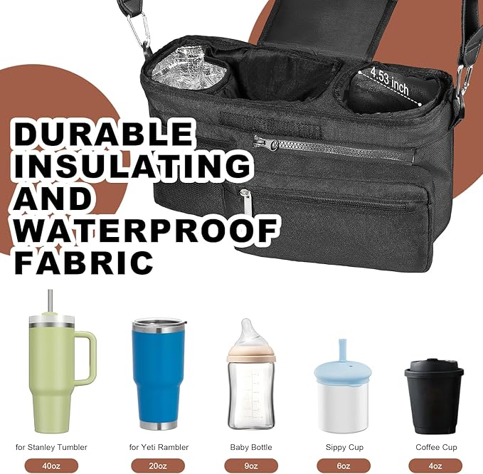 Universal Stroller Organizer with Insulated Cup Holder, Stroller Caddy with Detachable Bag & Shoulder Strap, Stroller Attachment Non-Slip Secure Hooks Accessories Fits Most Strollers