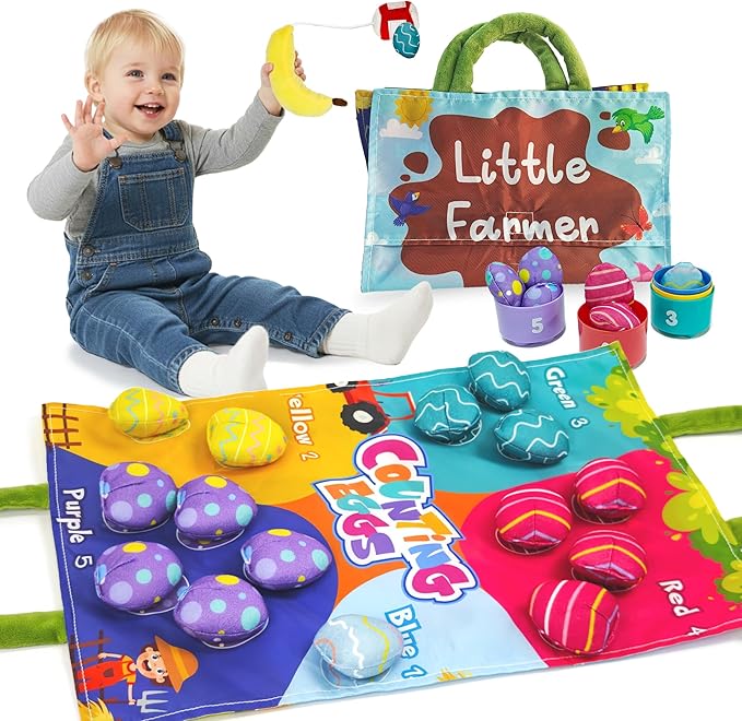 Montessori Toys for 1 Year Old, 11 in 1 Cloth Fishing Game Easter Basket Stuffers for Toddler Toys 1-3, Soft Learning Toy with Stacking Cups, Fine Motor Skills & Color Recognition for Boys & Girls