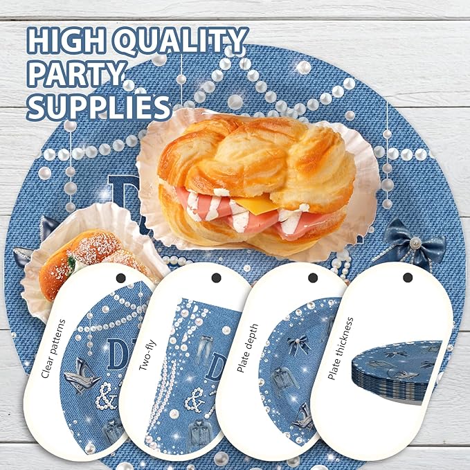 96Pcs Denim and Pearls Party Supplies Denim and Pearls Plates and Napkins Jeans Pearl Tableware Set for Woman Girl Birthday Bridal Shower Wedding Engagement Celebration Party Serves 24