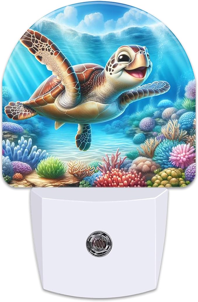 Cute Sea Turtle Night Light for Kids,Smile Turtle and Colorful Corals Plug in Night Light with Dusk to Dawn Sensor, 0.5w Energy Saving Nightlight for Hallway Stairway Kitchen Bedroom
