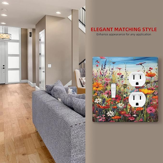 Colorful Wildflowers Painting Floral Flower Wallplates 1 Toggle 1 Duplex Switch Plate Electrical GFCI Faceplate Decorative Light Switch Covers for Bedroom Living Room Decor