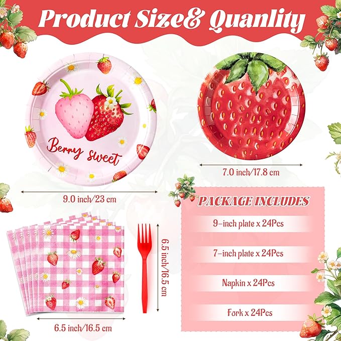 Strawberry Party Supplies - 96Pcs Adorable Watercolor Strawberry Plates Napkins Forks Tableware Set, Disposable Paper Plates Party Decoration for Kids Birthday Picnic Table Decor, Serve 24