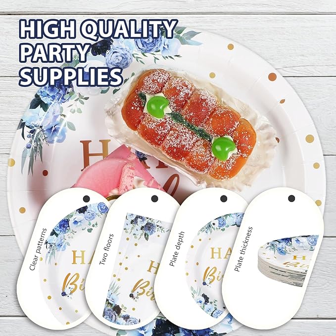 Grencian 96 Pcs Blue Flower Birthday Party Supplies Blue Floral Plates and Napkins Floral Themed Tableware Sets for Women Girls Birthday Party Decorations Serves 24