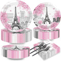 Naozinebi 200pcs Paris Eiffel Tower Plates Napkins Parisian Party Paris European City Tableware Set Landscape Pink Dinnerware Paper Tableware Bundle Baby Shower Decor Supplies Serve 50
