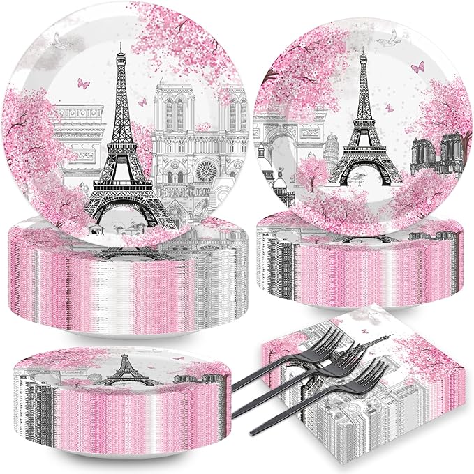 Naozinebi 200pcs Paris Eiffel Tower Plates Napkins Parisian Party Paris European City Tableware Set Landscape Pink Dinnerware Paper Tableware Bundle Baby Shower Decor Supplies Serve 50