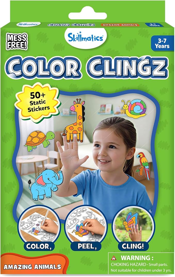 Skillmatics Cling Art – Color Clingz Animals, 50+ Reusable Static Stickers, Mess-Free Fun for Kids, DIY Craft Kits & Supplies, Travel Toys, Creative Gifts for Boys and Girls Ages 3, 4, 5, 6, 7