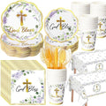 Pickmesh 194 Pcs God Bless Baptism Party Decoration Girl for 24, Purple Floral Baptism Confirmation Paper Plate Napkin Cup Tablecloth Cutlery for First Holy Communion Christening Baby Shower Supplies