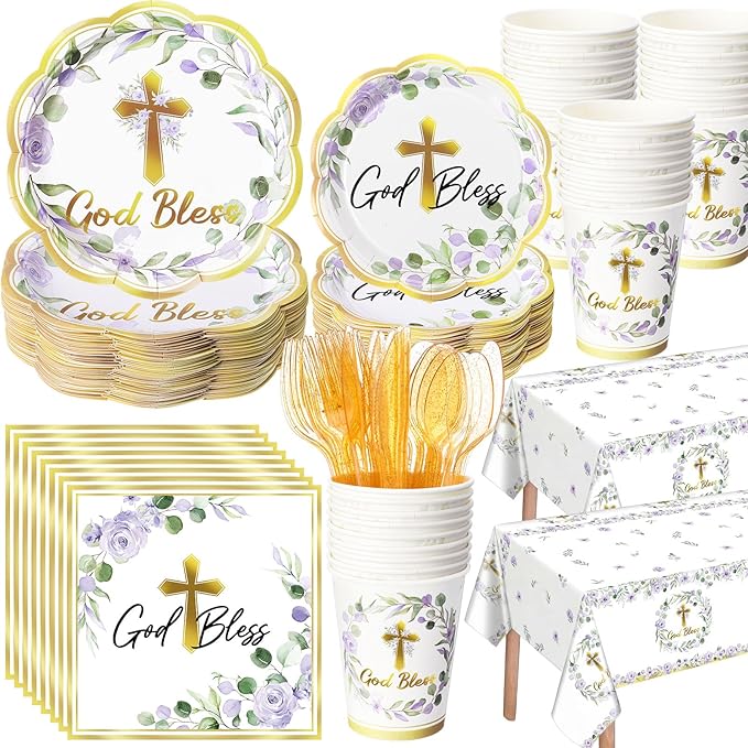 Pickmesh 194 Pcs God Bless Baptism Party Decoration Girl for 24, Purple Floral Baptism Confirmation Paper Plate Napkin Cup Tablecloth Cutlery for First Holy Communion Christening Baby Shower Supplies