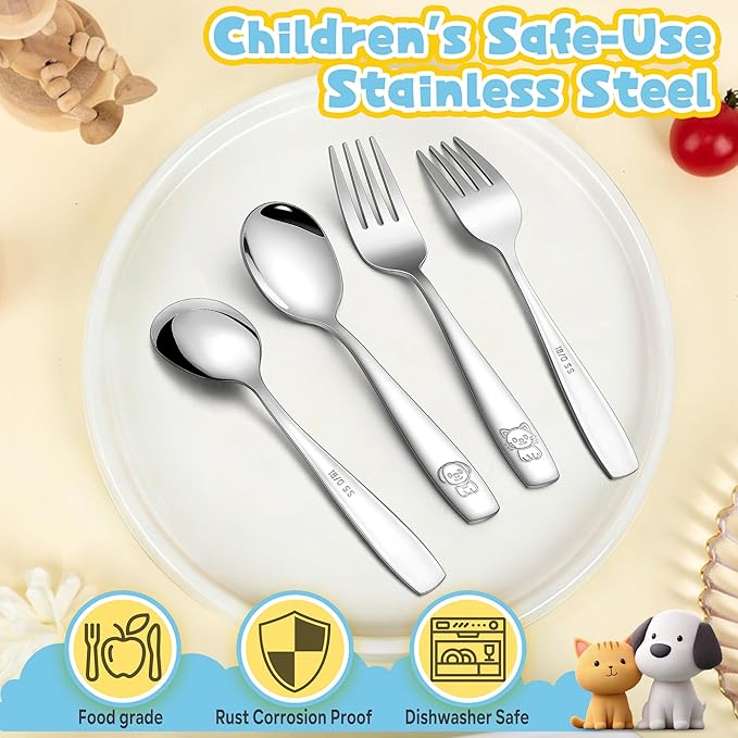 LIANYU Stainless Steel Toddler Utensils Set, 6 Pieces Kids Silverware Set with Small 3 Forks and 3 Spoons, Children Safe Flatware Cutlery for Self-Feeding, Food Grade & Cute Pattern, Dishwasher Safe
