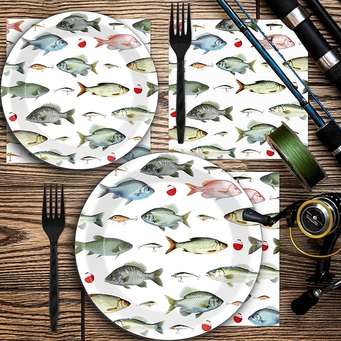 96Pcs Gone Fishing Party Plates and Napkins Fishing Themed Birthday Party Supplies for Little Fisherman Paper Dessert Plates Gone Fishing Tableware for 24 Guests for Ofishally One Party Decorations