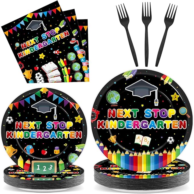 96Pcs Preschool Graduation Plates and Napkins, Next Stop Kindergarten Party Supplies Prek Graduation Themed Dessert Disposable Plates Tableware set for 24 Guests Party Decorations