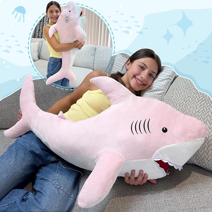 MorisMos 39inch Giant Shark Stuffed Animal, Large Stuffed Shark Plush, Big Sharks Pillow Gift for Kids Girlfriend, Pink