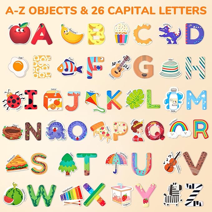 JoyCat Fridge Magnets for Toddlers – 26 Cute Objects & Uppercase Letters, Large Refrigerator ABC Alphabet Magnets Set for Kids, Preschool Learning Spelling Alphabet Gift Toy for Ages 2+