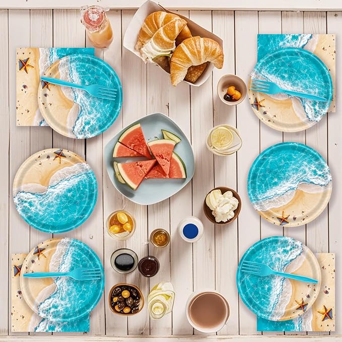 72 Pcs Ocean Waves Paper Plates Disposable Beach Party Birthday Dessert Plates Napkins Forks Tableware Set Summer Pool Party Decoration Supplies for Baby Shower Blue Ocean Hawaiian Birthday, Serve 24