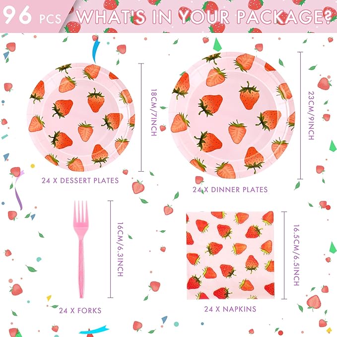 CANREVEL 96 PCS Strawberry Party Plates Serve 24, Strawberry Plates and Napkins Forks Set, Disposable Tableware for Birthday Party Supplies Decorations for Grils Kid Women Adult