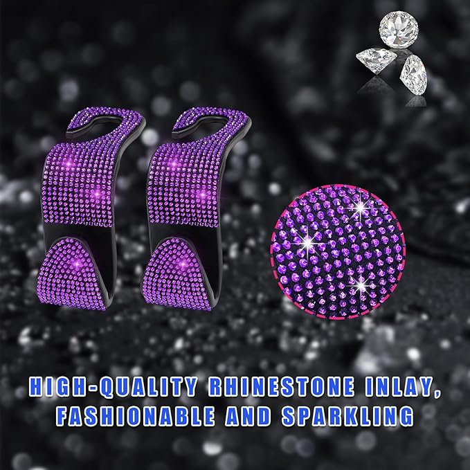 Ohleats 4 PCS Bling Car Seat Headrest Hooks, Crystal Rhinestone Back Seat Hanging Storage Organizer, Vehicle Seat Hanger Holder for Purse Handbag Coat, Interior Car Accessories (Purple)