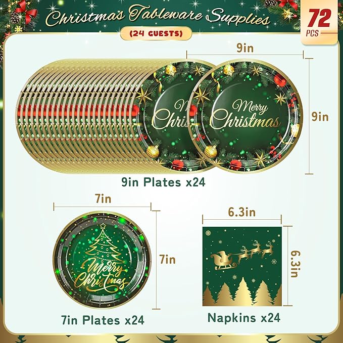 72PCS Christmas Plates and Napkins for Party Decorations, Set of 24 Merry Christmas Disposable Tableware Supplies, Green Gold Christma Tree Paper Plates for Xmas Party