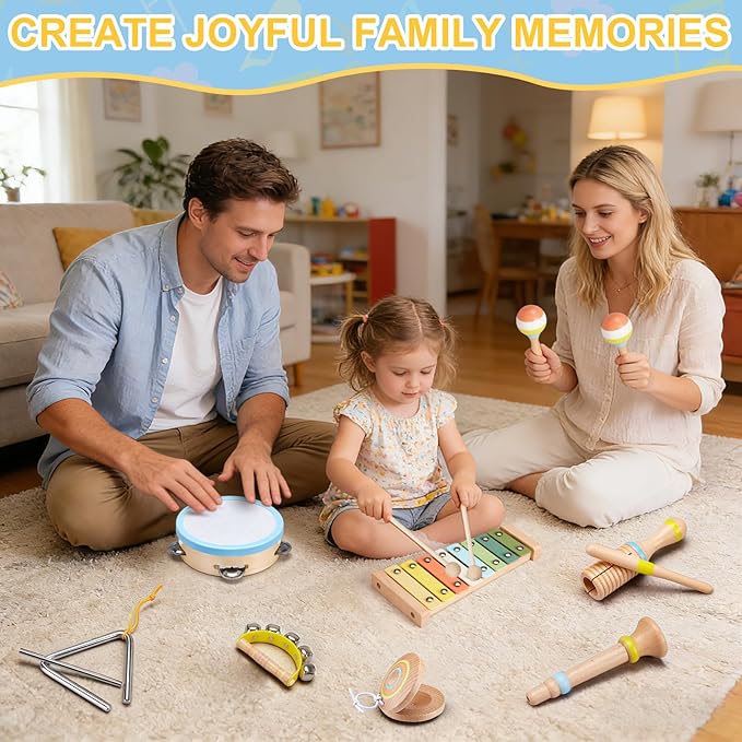 Baby Musical Instruments Set Montessori Wooden Music Toys for Toddlers 3 4 5 Neutral Color Percussion Music Kit with Drum, Xylophone,Storage Bag, Birthday Preschool Learning Gift for Boys Girls
