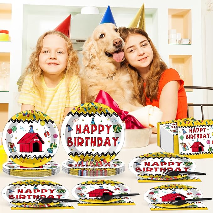 96 Pcs Red House Birthday Party Plates and Napkins Cartoon Dog Red House Decor Puppy Dog Theme Dessert Cake Plates Tableware Set for Kids Cartoon Birthday Baby Shower Party Favors Serve 24 Guests
