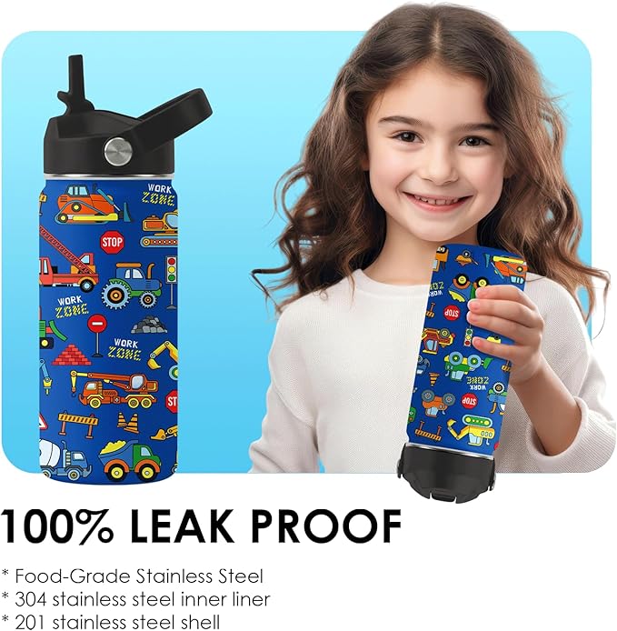 Construction Gifts for Men & Women - 16 Oz Water Bottle with Straw Lid, Stainless Steel Insulated Tumbler, Leak Proof, BPA-Free, for Boys, Travel - Truck Lovers Teen Birthday Gifts Cups(1pc)