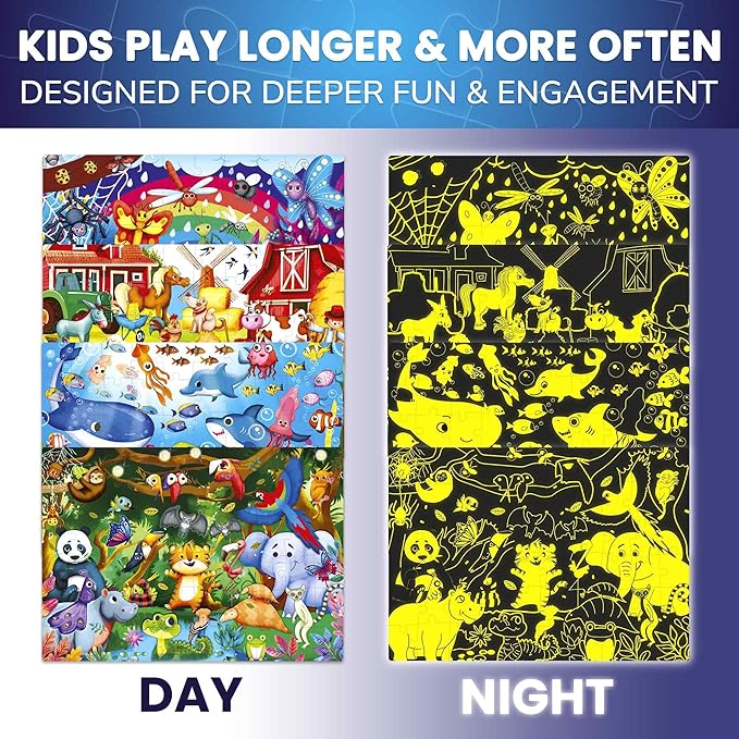 QUOKKA 4x60 Piece Puzzles for Kids Ages 4-6 – Glow-in-The-Dark Puzzles for Kids 4-8 I Farm Bugs Tropical & Ocean Animals I Fun Educational Toddler Puzzle for Boys & Girls – Educational Game Toys Gift