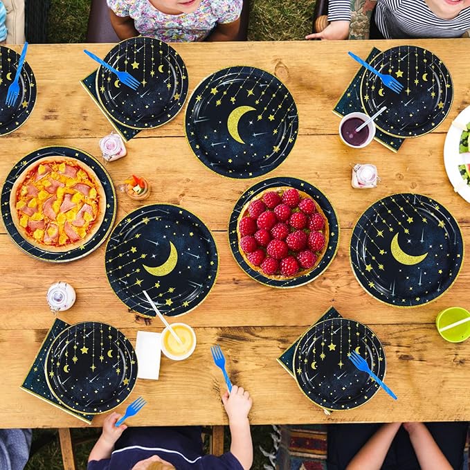 Grencian Gold Star Moon Party Supplies - 96Pcs Moon and Stars Party Supplies Plates and Napkins Navy Blue Celestial Hanging Crescent Disposable Tableware for Celestial Birthday Decorations Serve 24