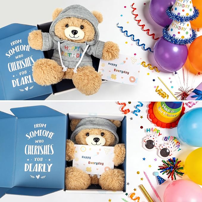 Osacoe Happy Birthday Teddy Bear Stuffed Animal with Gift Box Removable Hoodie for Kids, Women & Men, Unique Birthday Gift Boxes with Beautiful Gift Greeting Card