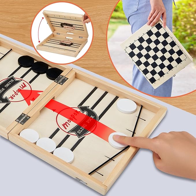 moopok Fast Sling Puck Game - 2 in1 Chess Board and Desktop Battle Super Winner Game,Fast Action Wooden Air Hockey Board Game,Adults and Kids Family Friend Funny Slingshot Game Toys