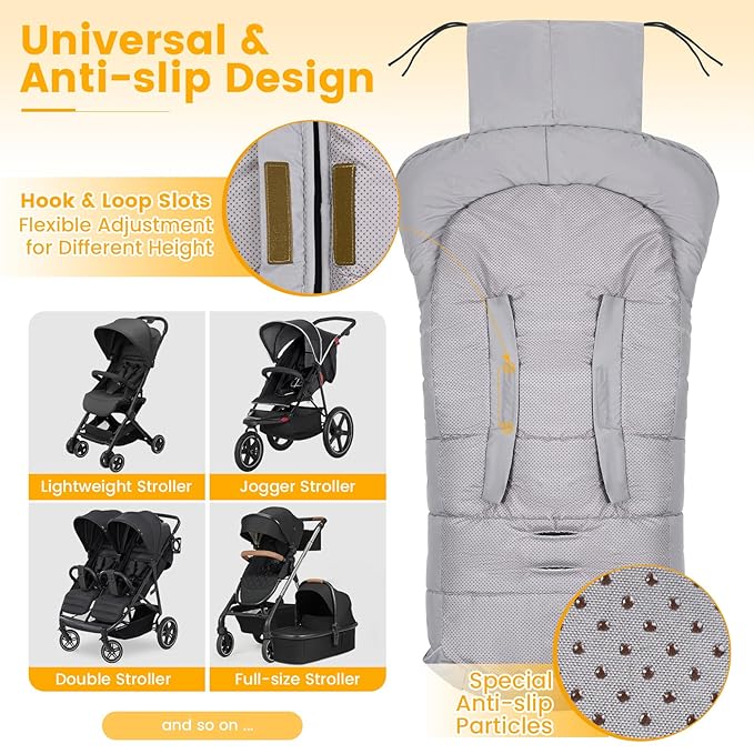 Orzbow Universal Stroller Footmuff, Winter Baby Bunting Bag for Stroller - Baby Sleeping Bag with Coral Fleece Lining for Cold Weather, Water-Repellent, Winter Must Have for Toddler Kids, Light Grey