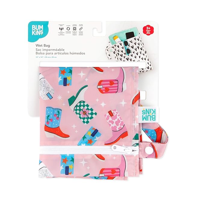 Bumkins Waterproof Wet Bag for Baby, Travel, Swim Suit, Cloth Diapers, Pump Parts, Pool, Beach, Gym Clothes, Toiletry, Hook to Stroller, Daycare, Zipper Reusable Wetdry Packing Pouch, Cowgirl Boots