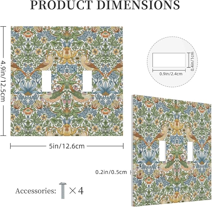 William Morris Strawberry Thrush Birds 2 Gang Light Switch Cover Double Toggle Wall Plate Vintage Floral Flowers Plant Electrical Switchplate Covers for Country Bedroom Home Décor