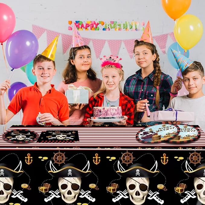 62Pcs Pirate Birthday Party Supplies Decorations, Pirate Treasure Theme Dinnerwares Includes 20pcs 9''Plates and 20pcs 7''Napkins with 2pcs Tablecloth for 20 Guests, Disposable Party Dessert Tableware