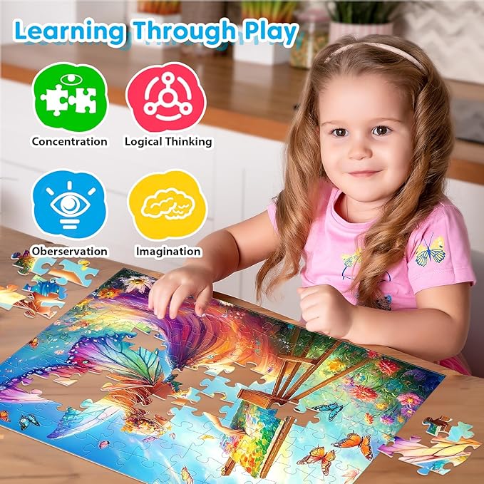 4 Packs 100 Piece Puzzles for Kids Ages 6-8 8-10, Fantasy Mermaid Unicorn Puzzle for Girls 4-6 Years Old Educational 100 Piece Large Jigsaw Puzzles, Kids Puzzles 4-6 Toys Gifts for Girls Boys