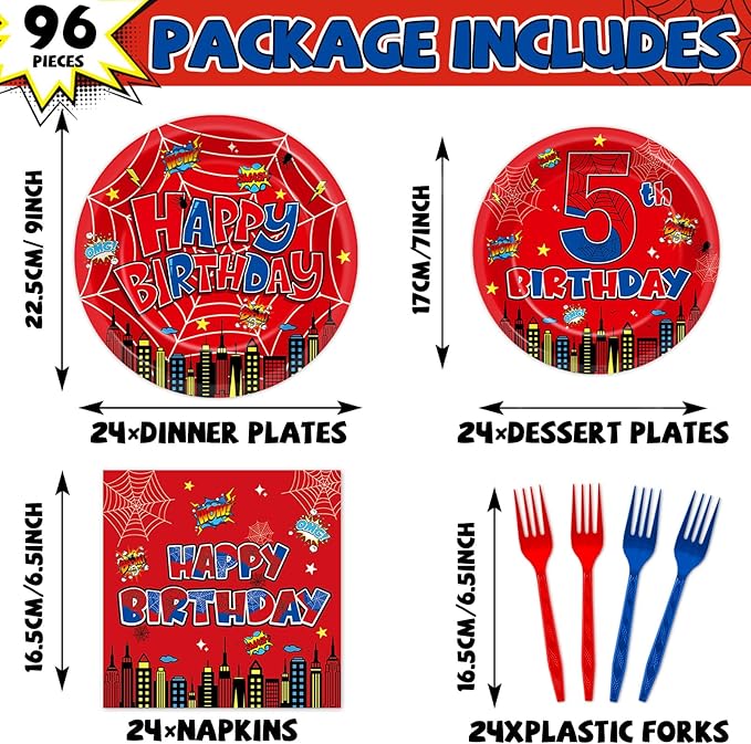 96Pcs Spider 5th Birthday Party Decorations Cartoon Spider Theme Plates Napkins Red Blue Hero Tableware set Disposable Spiderweb 5th Birthday Decoration Favors for Kids 5 Year Party Supplies Serve 24