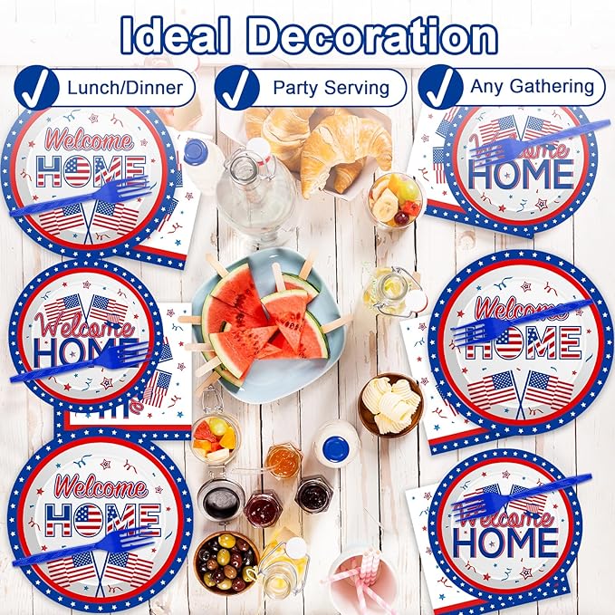 100Pcs Military Welcome Home Decorations Patriotic Army Soldier Homecoming Plates Napkins Proud of You Deployment Returning Party Decor Supplies Red White Blue Welcome Home Tableware Serve 25 Guests