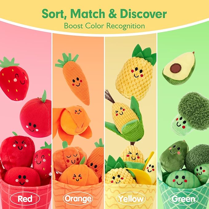 hahaland Baby Sensory Toys - 16 PCS My First Fruit Vegetable Color Sorting Play Food Crinkle, Rattle, Baby Toys 6-12 Months Montessori Toys for 1 Year Old Boy Girl Gifts 6 9 Month Old Toy One Year Old