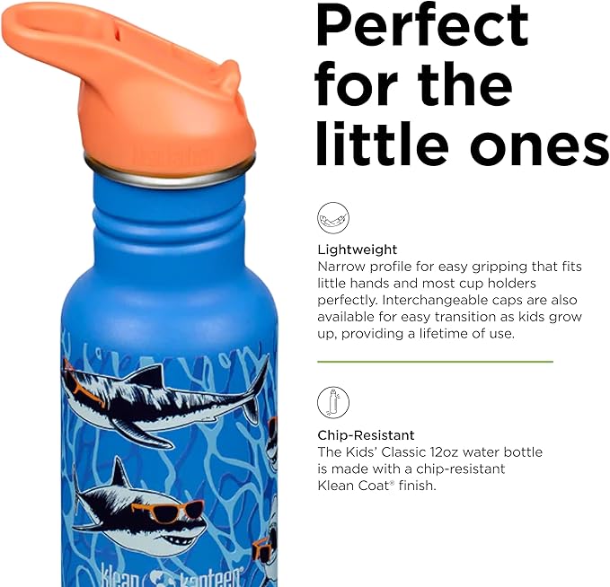 Klean Kanteen 12 oz Classic Kid's Water Bottle with Flip Seal Sport Cap & Straw - 100% Leakproof Cap - Durable Stainless Steel Material - Lightweight & Easy-Grip - BPA-Free - Sharks in Shades