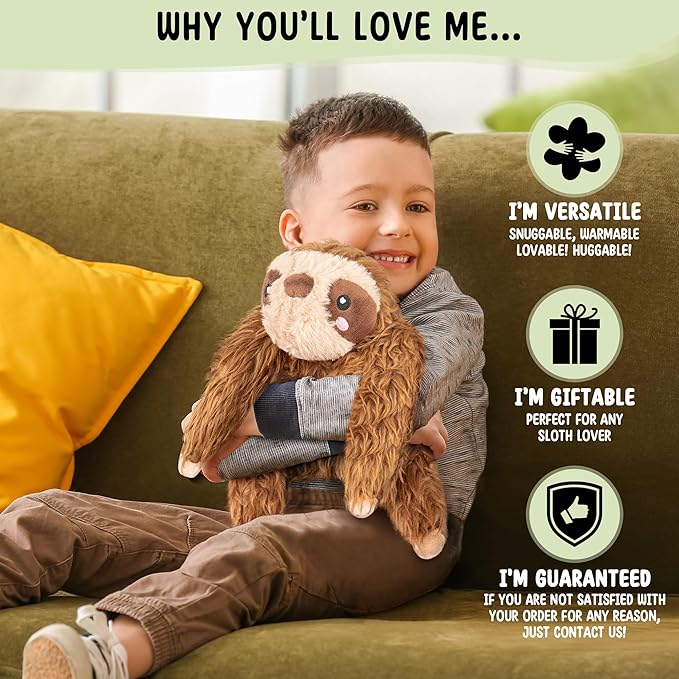 Happy Fuel Sloth Microwavable 1.5 lbs Unscented Heating Pad for Women & Kids - Cute Soft Cozy Pillow Plush Heatable Warm Stuffed Animals - Kawaii Hot & Cold Plushie Toy - Sloth Gifts for Girls & Boys