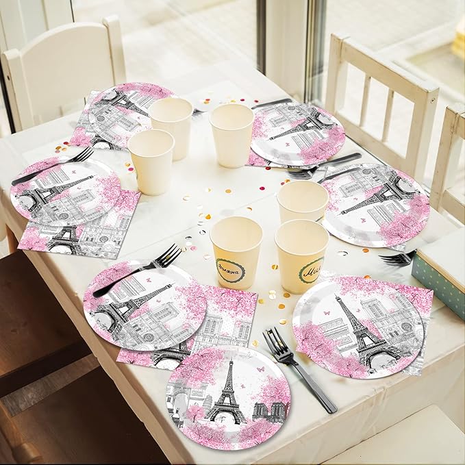 Naozinebi 200pcs Paris Eiffel Tower Plates Napkins Parisian Party Paris European City Tableware Set Landscape Pink Dinnerware Paper Tableware Bundle Baby Shower Decor Supplies Serve 50