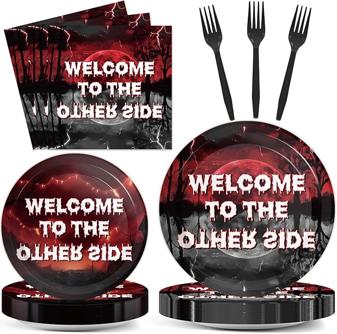 96pcs Welcome to The Other Side Paper Plates Spooky Forest Horror Party Decorations Horror Forest Dinner Plates and Napkins Forks for Halloween Birthday Baby Shower Party Supplies Serve 24 Guests