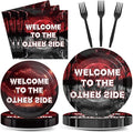 96pcs Welcome to The Other Side Paper Plates Spooky Forest Horror Party Decorations Horror Forest Dinner Plates and Napkins Forks for Halloween Birthday Baby Shower Party Supplies Serve 24 Guests